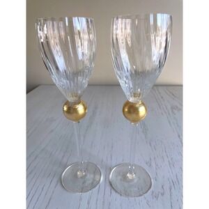 Signed Pair of Union Street Glass "Manhattan Gold" Champagne Flutes - Dated 2007